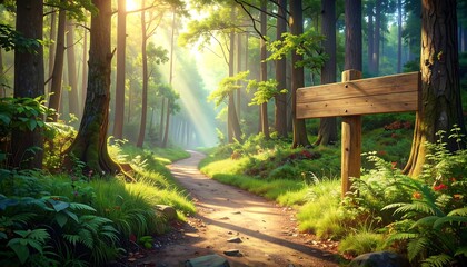 Sunny forest path with a wooden sign and light rays