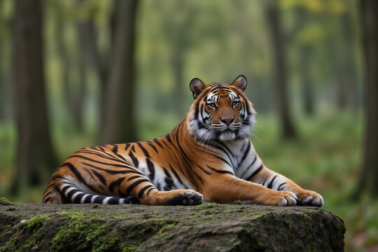 Tiger resting on mossy rock amid misty trees. 3d rendering.