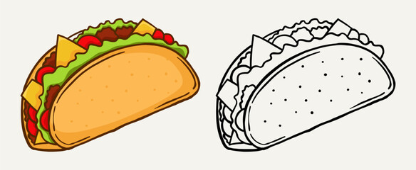 Delicious taco line art vector illustration with coloring. Fun and tasty Mexican food design for poster, menu, and print