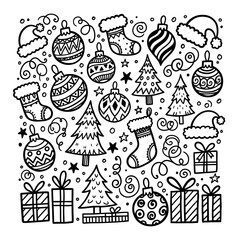 Christmas Doodle Collection Festive Ornaments Trees and Gifts.