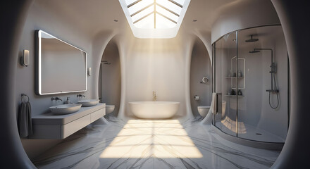 Obraz premium Luxurious modern bathroom with a bathtub, shower, and double vanity, featuring natural light and elegant design