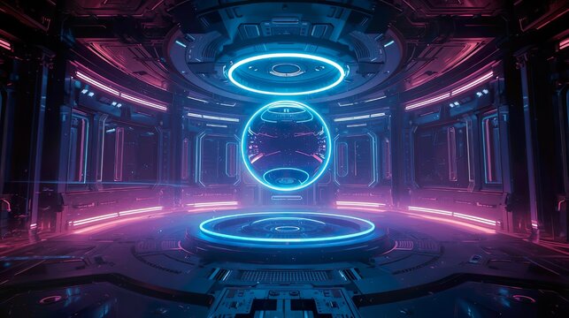 A large neon sphere hovering in the center of a futuristic chamber