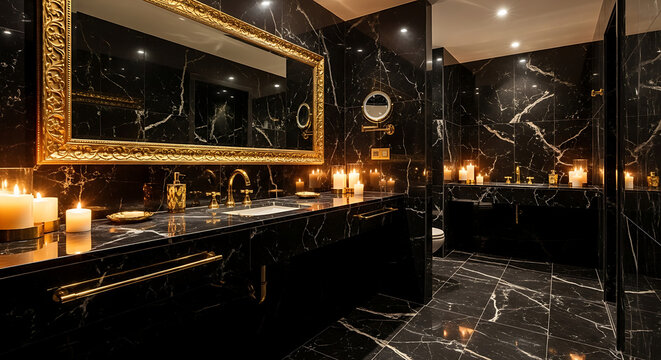 Luxurious black marble bathroom interior design with golden accents and warm candlelight