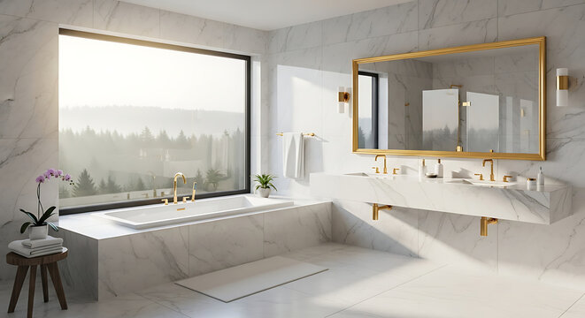 Luxurious modern bathroom with large window overlooking a misty forest and a sleek white bathtub with golden fixtures