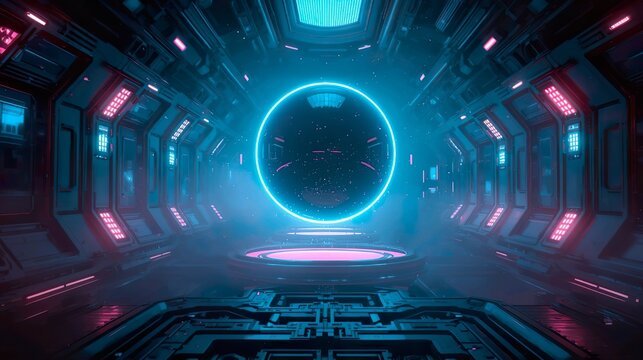 A large neon sphere hovering in the center of a futuristic chamber