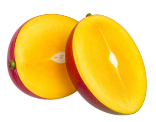 Ripe, juicy mango halved, revealing vibrant golden flesh and pit
