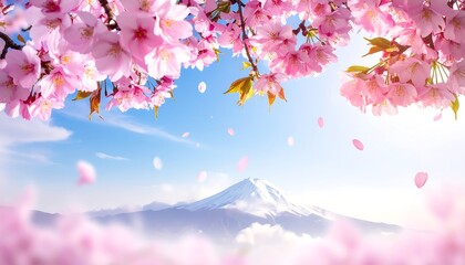 A vibrant image showcases a snow-capped mountain under a brilliant blue sky, framed by delicate pink blossoms