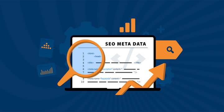 SEO meta tag optimization concept. Website header metadata structure, search engine ranking improvement. Meta data content visibility enhancement for seo digital marketing performance illustration