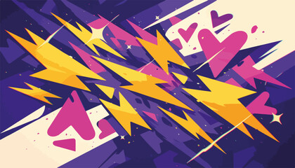 Dynamiczne uderzenia błyskawic i serca w stylu graffiti na fioletowym tle, abstrakcyjny wektor