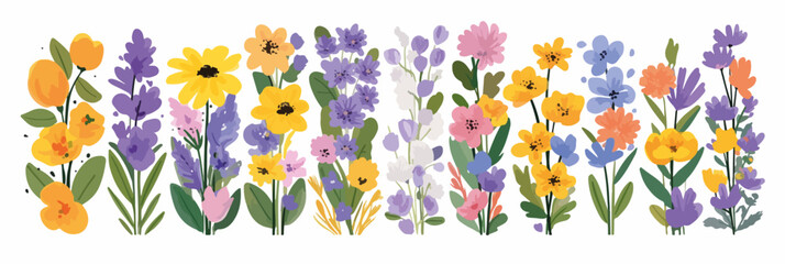 Wektorowy wz&oacute;r z kolorowymi, ręcznie rysowanymi kwiatami i zielonymi liśćmi na białym tle.