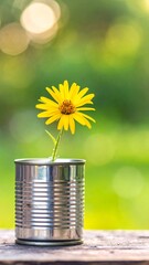 A vibrant yellow flower in a silver metal can sits atop a weathered wooden surface, with a lush, green background