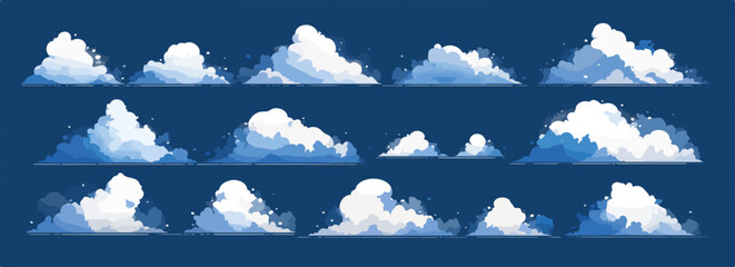 Zestaw puszystych białych chmur w stylu kresk&oacute;wkowym na tle ciemnoniebieskiego nieba