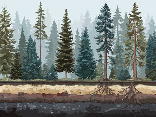 Wektorowy przekr&oacute;j lasu iglastego z widocznymi korzeniami drzew i warstwami gleby.