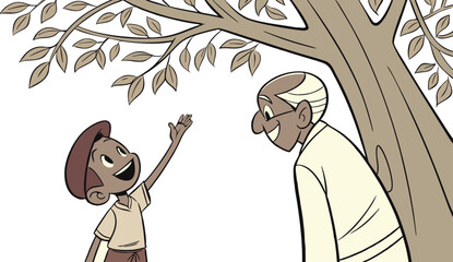 Boy reaching up to grandfather under a tree in a cheerful outdoor moment