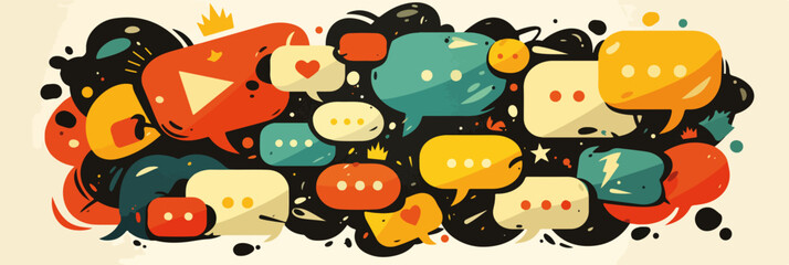 Kolorowe dymki czatu i ikony medi&oacute;w społecznościowych symbolizujące komunikację online i interakcję.