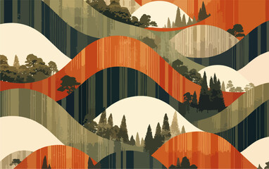 Abstrakcyjny krajobraz z pofałdowanymi wzg&oacute;rzami i drzewami w ciepłych kolorach, styl graficzny.