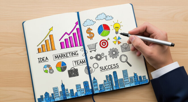 Colorful business planning sketch in notebook with hand drawing charts, graphs, and icons, representing idea, marketing, team, and success concepts for creative strategy