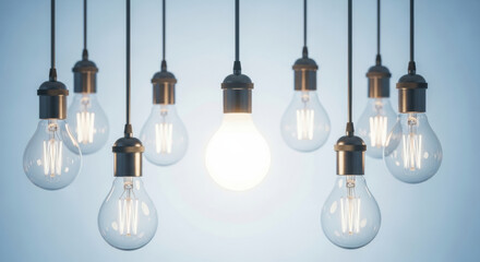 Hanging light bulb glowing electricity innovation idea inspiration modern clear glass filament blue background. single illuminated bulb stands out among unlit bulbs symbolizing creativity