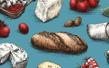 Ilustracja wektorowa r&oacute;żnych rodzaj&oacute;w ser&oacute;w, pieczywa, pomidor&oacute;w i orzech&oacute;w na niebieskim tle