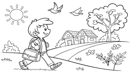 Smiling boy walking to school with briefcase on a sunny day with flying birds and houses coloring book