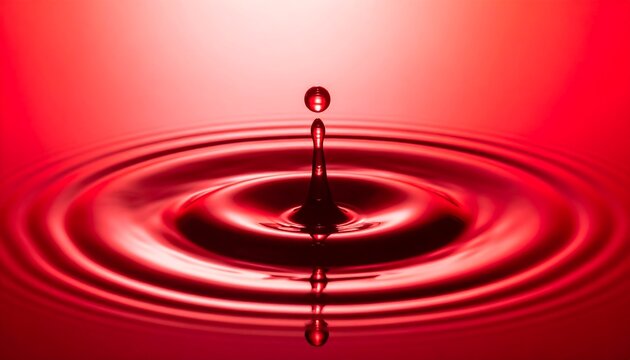 Close-up of a water droplet falling into red-tinted water, creating ripples
