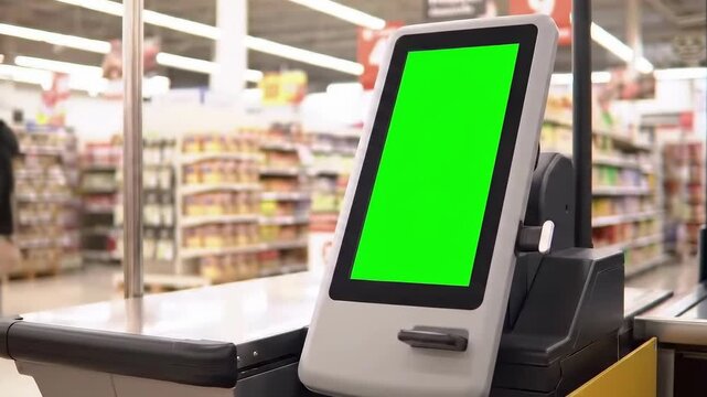 Self-Checkout Kiosk with Green Screen in Supermarket.