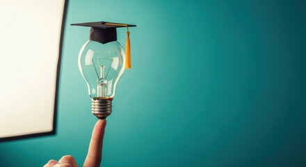 Light bulb graduation cap education innovation creativity idea success achievement knowledge inspiration—A light bulb with graduation cap symbolizes education innovation and creative achievement