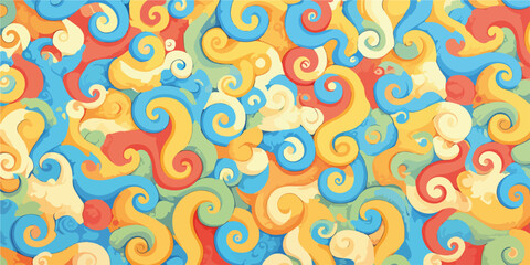 Abstrakcyjny, kolorowy wz&oacute;r z wirującymi kształtami i falistymi liniami w pastelowych odcieniach.