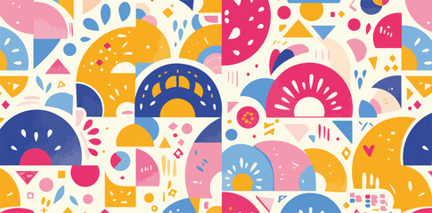 Abstrakcyjny wz&oacute;r geometryczny z motywami wachlarzy i k&oacute;ł w żywych kolorach