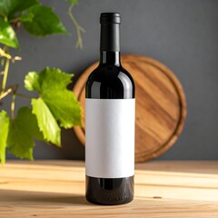 A wine bottle with a blank label stands on a wooden surface, with a wooden board in the background, near green leaves