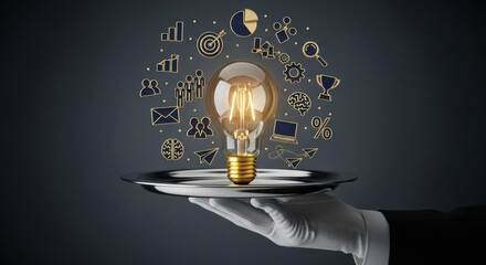 Light bulb innovation creativity business idea concept success technology solution strategy—A glowing light bulb silver tray held by gloved hand surrounded by business icons symbolizes creative