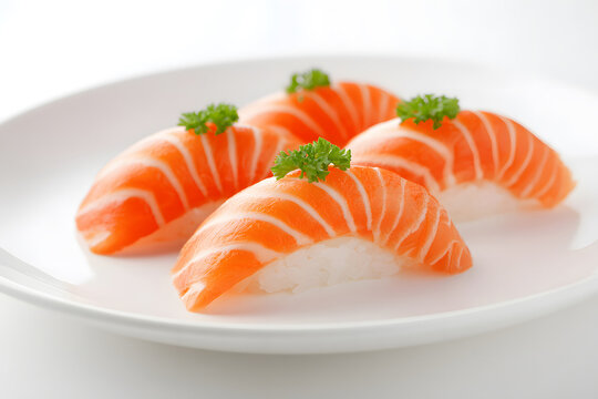 Fresh salmon nigiri sushi served on a white plate, showcasing vivid colors and delicate presentation for sushi lovers