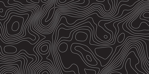Abstract black background with elegant contour line patterns. Minimalist topographic map texture design, modern wavy lines creating fluid organic shapes, perfect for digital art and backgrounds.