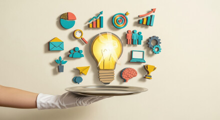 Light bulb business icon teamwork growth innovation creativity success analysis communication technology leadership. Creative business concept with glowing light bulb and colorful icons