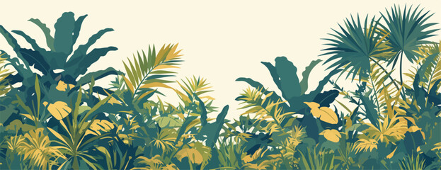Ilustracja wektorowa gęstej, tropikalnej dżungli z bujną roślinnością i liśćmi w odcieniach zieleni i ż&oacute;łci.