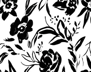 Wektorowy wz&oacute;r z czarno-białymi, stylizowanymi kwiatami i liśćmi, malowany pędzlem.