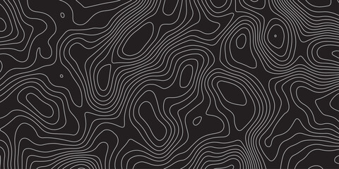 Abstract black background with elegant contour line patterns. Minimalist topographic map texture design, modern wavy lines creating fluid organic shapes, perfect for digital art and backgrounds.