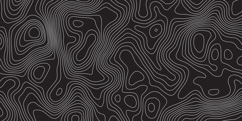 Abstract black background with elegant contour line patterns. Minimalist topographic map texture design, modern wavy lines creating fluid organic shapes, perfect for digital art and backgrounds.