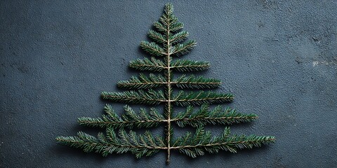 A christmas tree made of fir branches on a dark textured background flat lay top view holiday concept