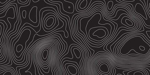 Abstract black background with elegant contour line patterns. Minimalist topographic map texture design, modern wavy lines creating fluid organic shapes, perfect for digital art and backgrounds.