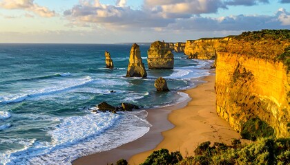 Coastal landscape with sea stacks, beach, waves, and sandstone cliffs