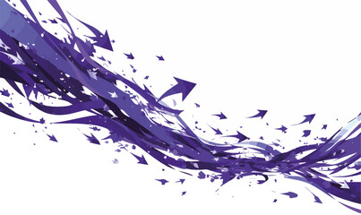 Abstrakcyjny fioletowy strumień z licznymi strzałkami i rozpryskami na białym tle, dynamiczny ruch.