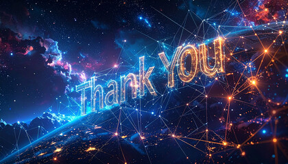 Express gratitude with this stunning digital thank you message overlaid on a vibrant, connected world for global appreciation and heartfelt sentiments