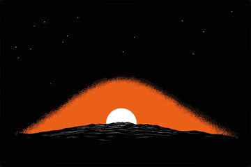 Ilustracja wektorowa zachodzącego słońca nad horyzontem przy nocnym niebie pełnym gwiazd.