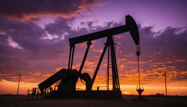 Dramatic oil pump silhouetted against a vibrant sunset sky, energy production in stunning light for a powerful industrial statement