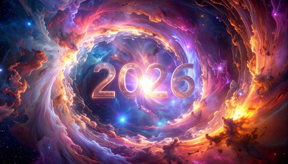 Celebrate 2026 with a stunning cosmic vortex background perfect for new year's promotions, futuristic designs, and vibrant space themed projects now