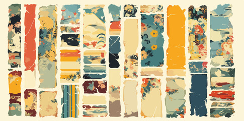 Wektorowa kompozycja z fragment&oacute;w ozdobnych tkanin w stylu vintage, tworząca kolaż.