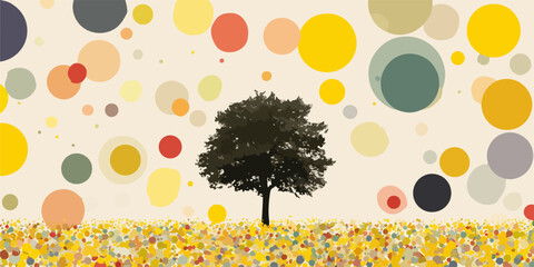 Wektorowa ilustracja drzewa w polu pełnym kolorowych k&oacute;łek na tle nieba.