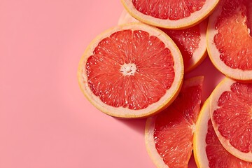 A close up shot of grapefruit slices arranged on a pink background in a studio setting