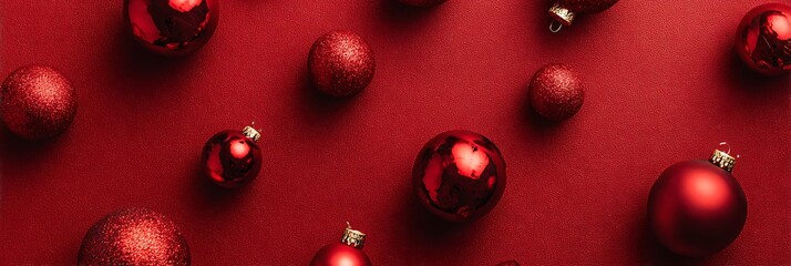 Scattered red christmas ornaments on a red background creating a festive holiday arrangement
